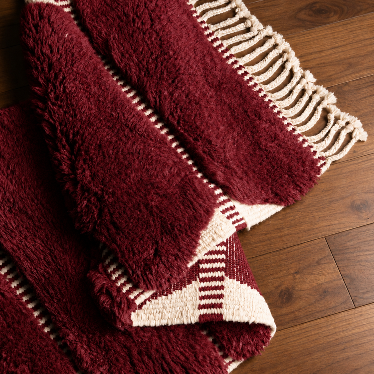 Folded detail of handmade Moroccan burgundy and ivory runner rug with fringe