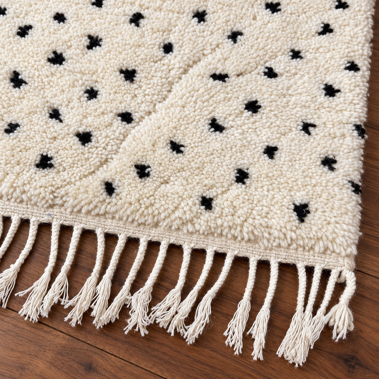 Close detail of handmade Moroccan ivory and black dotted wool rug with fringe and plush texture