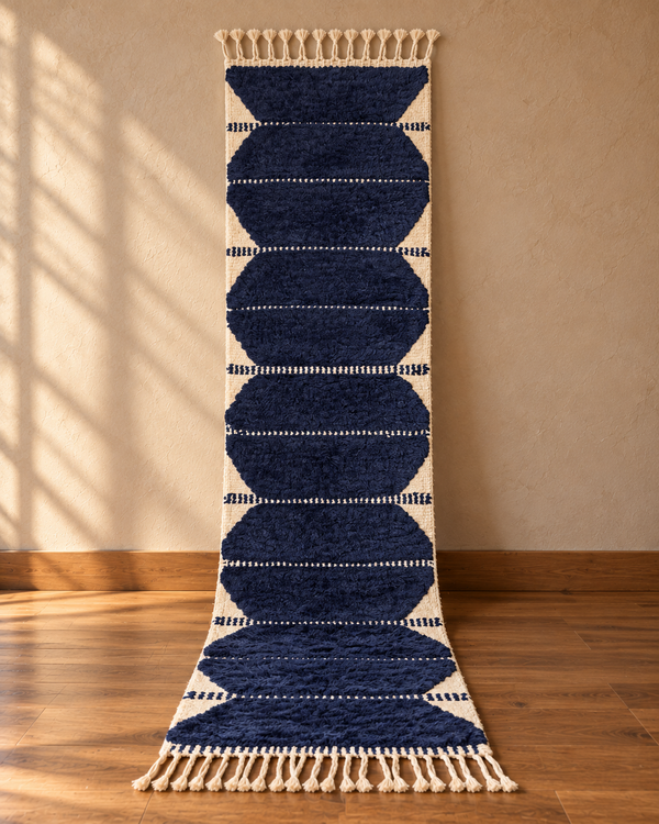 Handmade Moroccan Navy Blue & Ivory Runner Rug