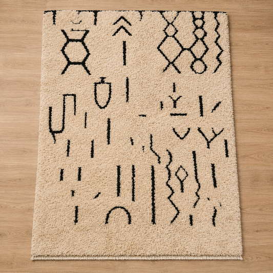 Handmade cream and black Moroccan wool rug