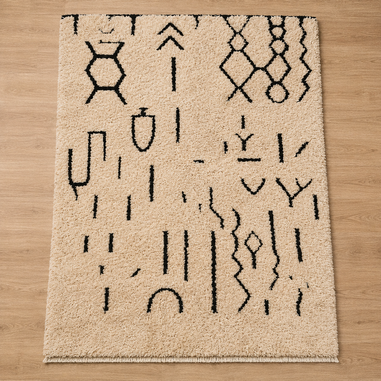 Handmade cream and black Moroccan wool rug