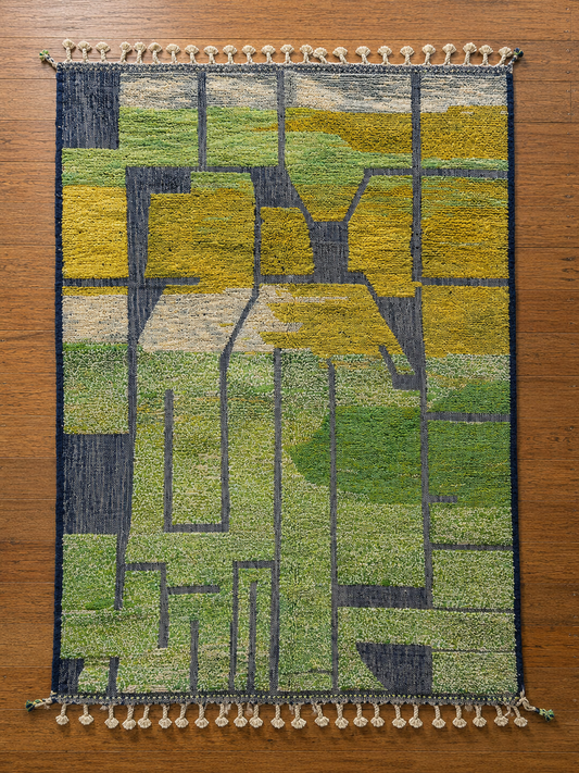 Handmade green and ochre geometric Moroccan wool rug