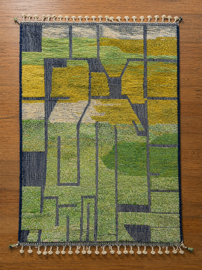 Handmade green and ochre geometric Moroccan wool rug