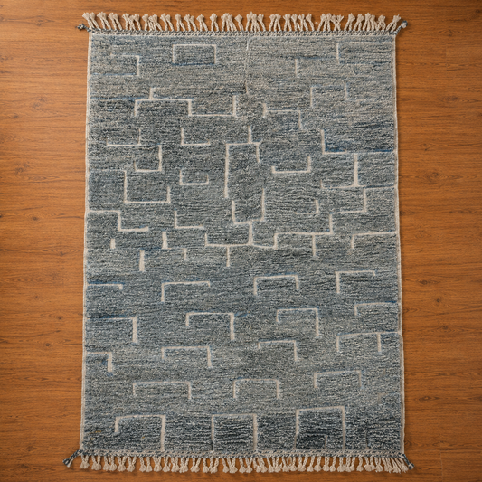 Handmade slate blue geometric Moroccan wool rug