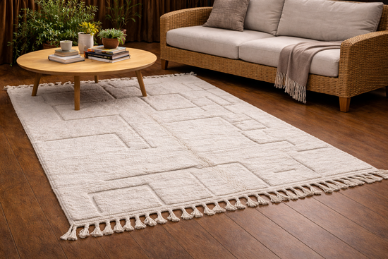 Handmade ivory textured Moroccan wool rug, alternate product view