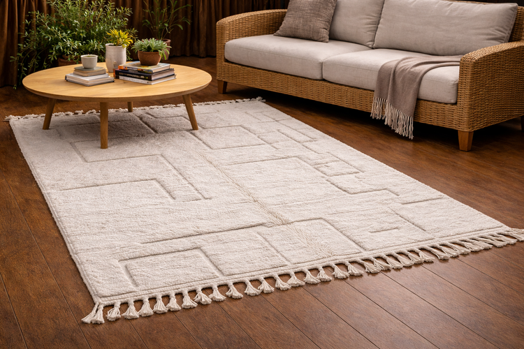 Handmade ivory textured Moroccan wool rug, alternate product view