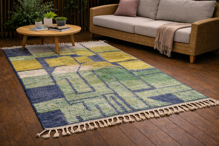 Alternate view of handmade green and ochre geometric Moroccan wool rug
