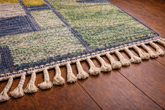 Additional view of handmade green and ochre geometric Moroccan wool rug