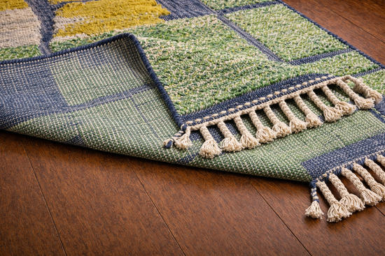 Handmade green and ochre Moroccan wool rug, alternate product view