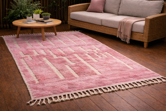 Alternate view of handmade pink geometric Moroccan wool rug
