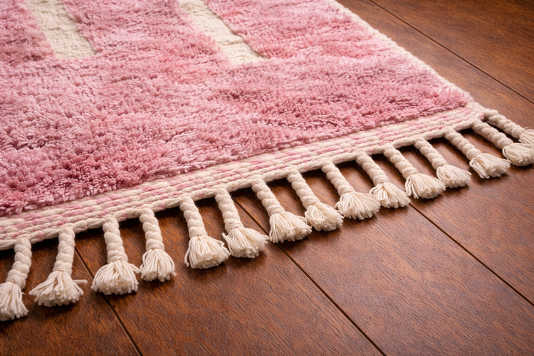 Additional view of handmade pink geometric Moroccan wool rug