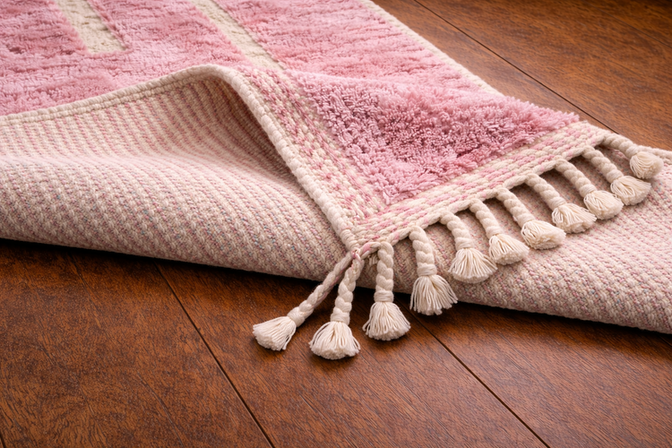 Handmade pink Moroccan wool rug, alternate product view