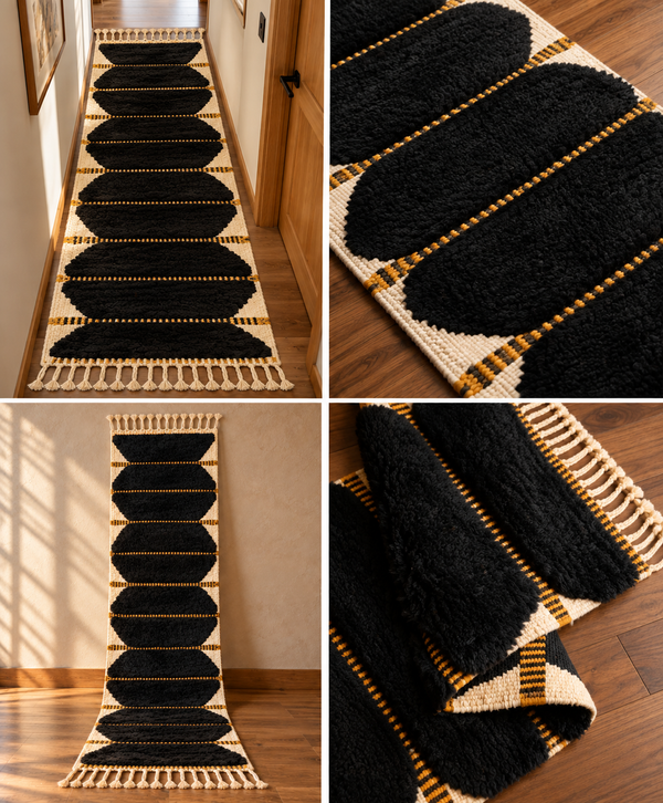 Handmade Moroccan Black & Gold Runner Rug