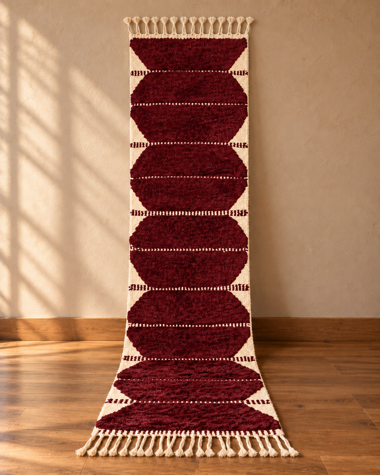 Handmade Moroccan burgundy and ivory runner rug full view with plush pile