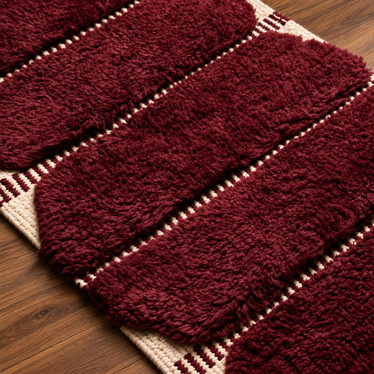Close-up texture of handmade Moroccan burgundy and ivory plush runner rug
