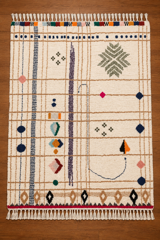 Handmade Moroccan cream multicolor abstract wool rug full top view