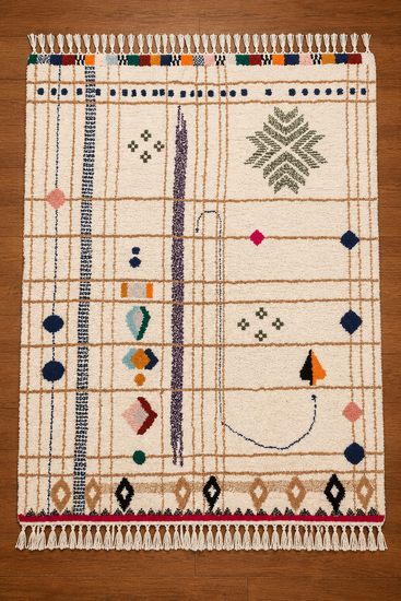 Handmade Moroccan cream multicolor abstract wool rug full top view