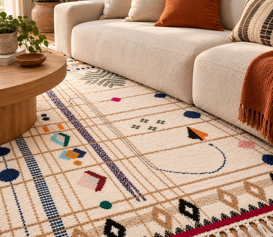 Handmade Moroccan cream multicolor abstract wool rug in living room