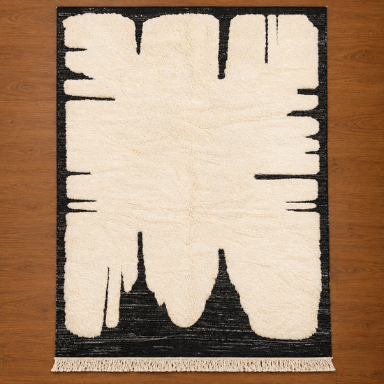 Handmade Moroccan black and white abstract wool rug - full top view
