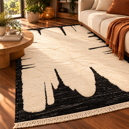 Handmade Moroccan black and white abstract wool rug in living room under sofa