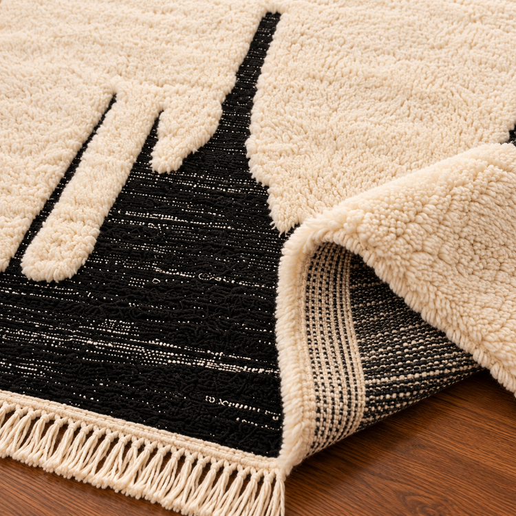 Handmade Moroccan black and white abstract wool rug folded detail and backing