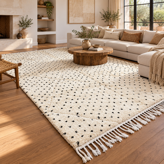 Large handmade Moroccan ivory and black dotted wool rug styled in warm living room