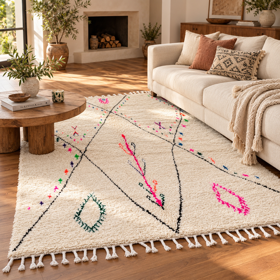 Handmade Moroccan ivory and pink Berber wool rug styled in warm living room
