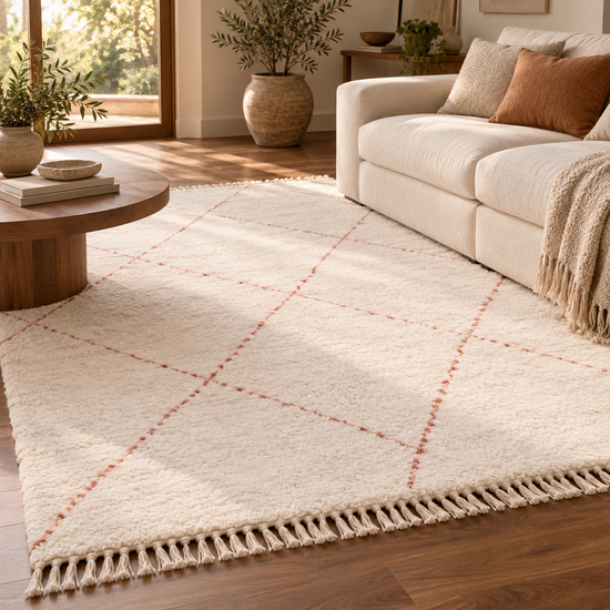 Handmade Moroccan ivory and terracotta diamond wool rug styled in warm living room