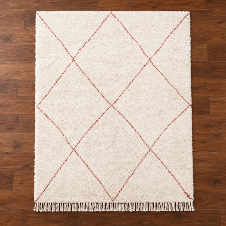 Full view of handmade Moroccan ivory and terracotta diamond wool rug on warm walnut wood floor