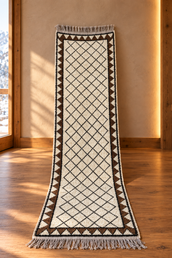 Handmade Moroccan Ivory & Walnut Diamond Runner Rug