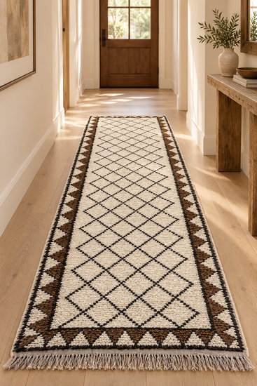 Handmade Moroccan ivory walnut and black diamond runner rug in hallway