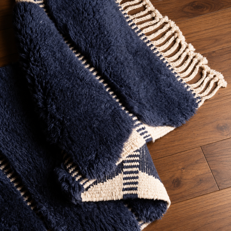 Handmade Moroccan navy blue and ivory runner rug folded fringe and backing detail