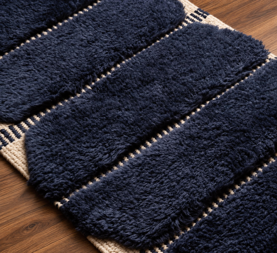 Handmade Moroccan navy blue and ivory runner rug plush pile texture close-up